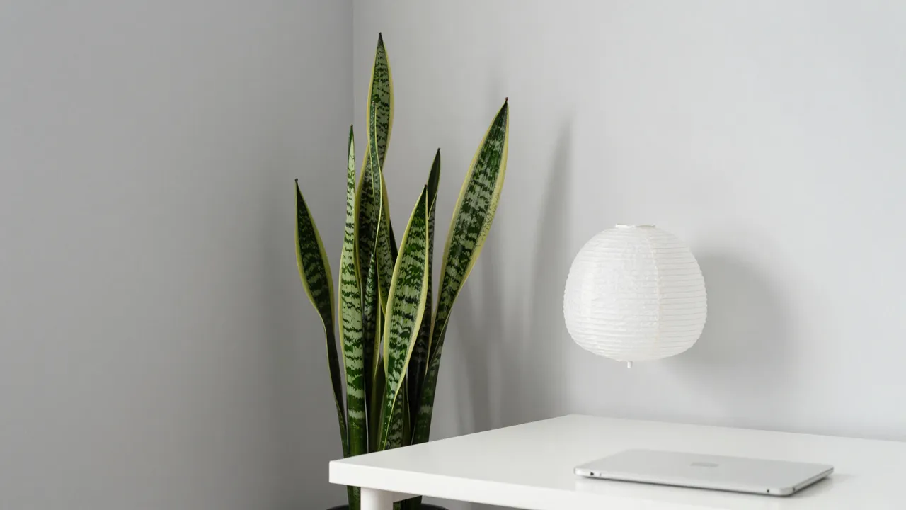 A pale gray walled home office corner features a white desk, snake plant, and paper lantern lamp.