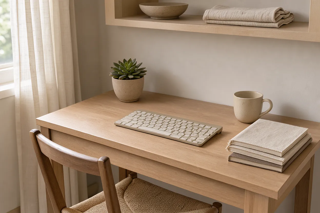 A tidy light wooden home office desk with a keyboard, succulent, mug and stacked notebooks next to a window