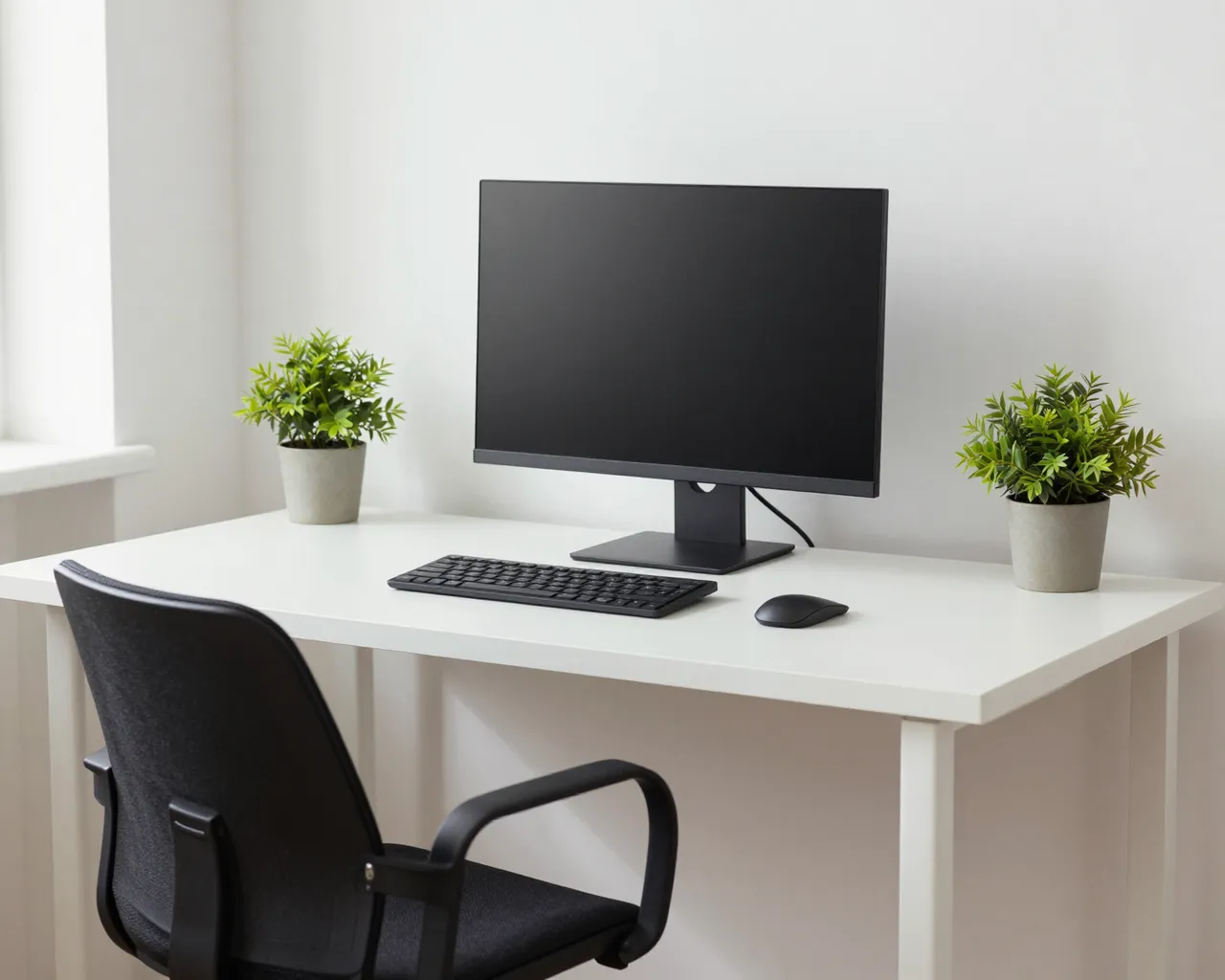 A tidy white home office desk holds a monitor, keyboard, mouse, potted plants, and an office chair