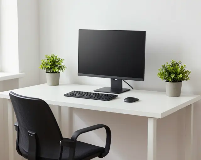 A tidy white home office desk holds a monitor, keyboard, mouse, potted plants, and an office chair