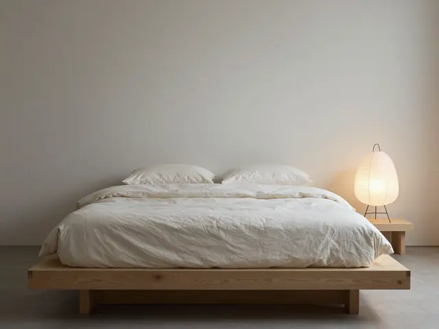 A low wooden platform bed with white linen bedding sits next to a glowing paper lantern side lamp in a calm neutral bedroom