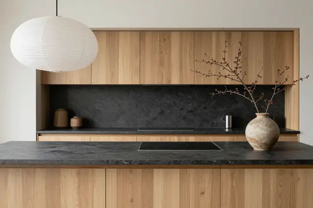 A calm Japandi kitchen with flat oak cabinets, charcoal stone countertops, a paper pendant light and a clay vase holding a