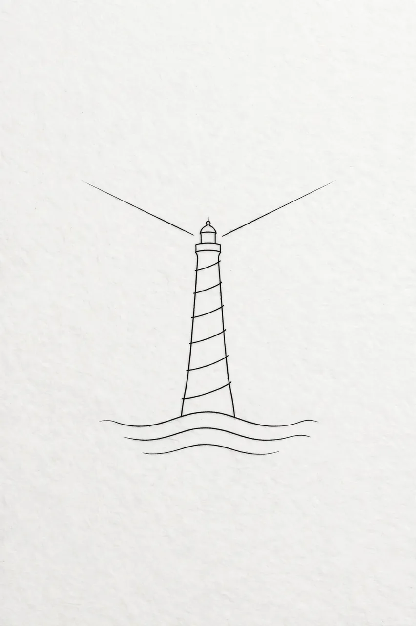 Delicate black line drawing of a banded lighthouse with two light beams above three wave lines on textured white paper
