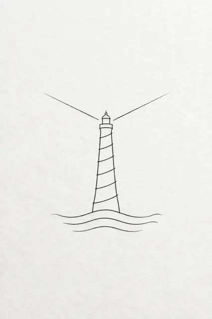 Delicate black line drawing of a banded lighthouse with two light beams above three wave lines on textured white paper