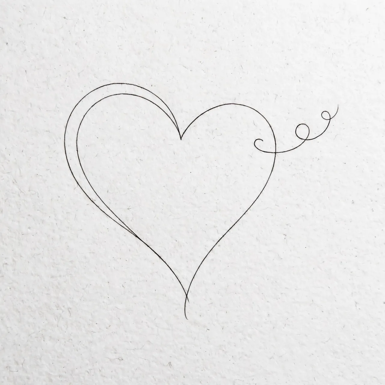 A thin black line drawing of a heart outline with trailing curls on textured white paper