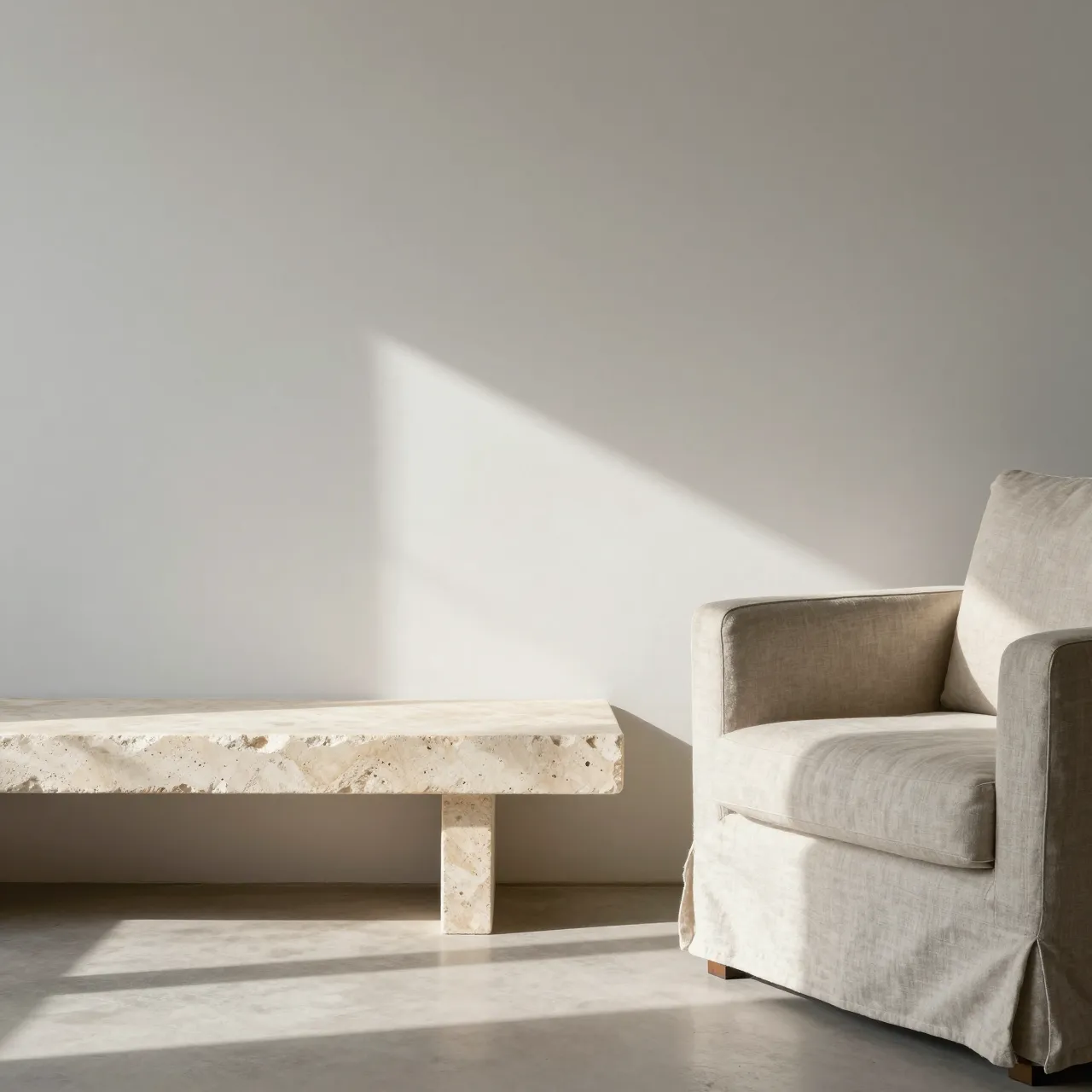 A linen armchair and built-in travertine bench sit in a sunlit minimalist living room with soft afternoon shadows.