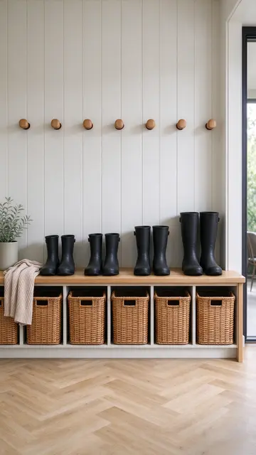 Neat built-in mudroom bench with oak pegs, woven baskets and row of black rubber boots