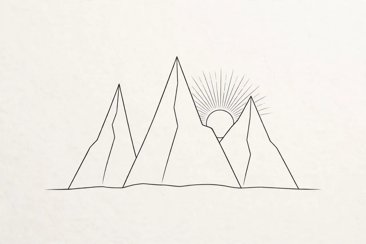 Single black line drawing of three sharp mountain peaks with a rising sun behind on an off-white background