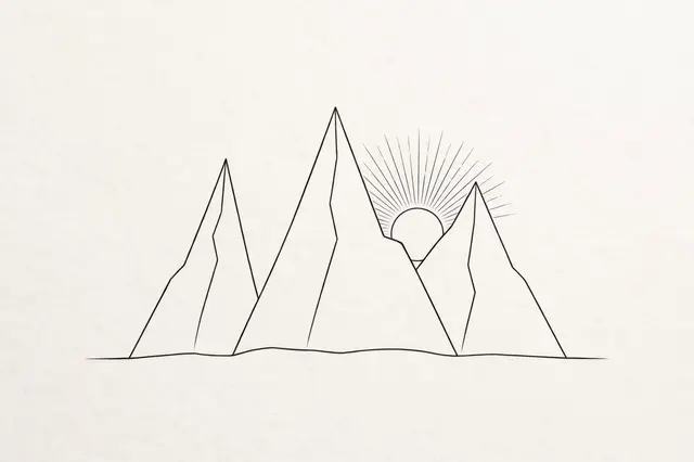 Single black line drawing of three sharp mountain peaks with a rising sun behind on an off-white background