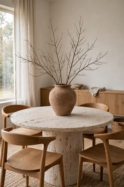 Round travertine dining table with curved oak chairs and a clay vase of bare branches beside a window