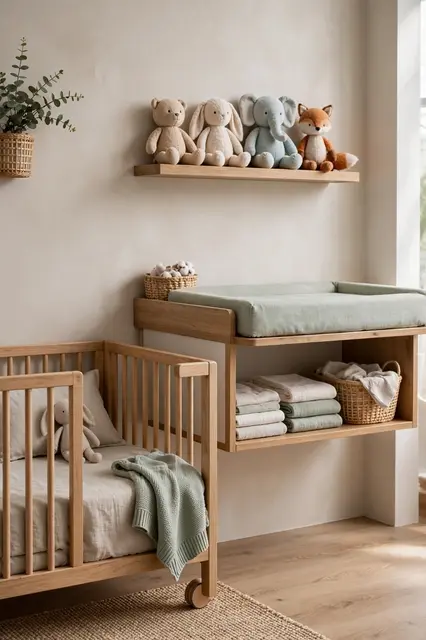 Warm neutral nursery interior with a wooden mini crib, changing shelf, and floating shelf of plush stuffed animals