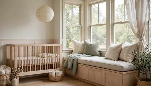 Bright calm nursery with pale wood crib, cushioned window seat and hanging paper lantern