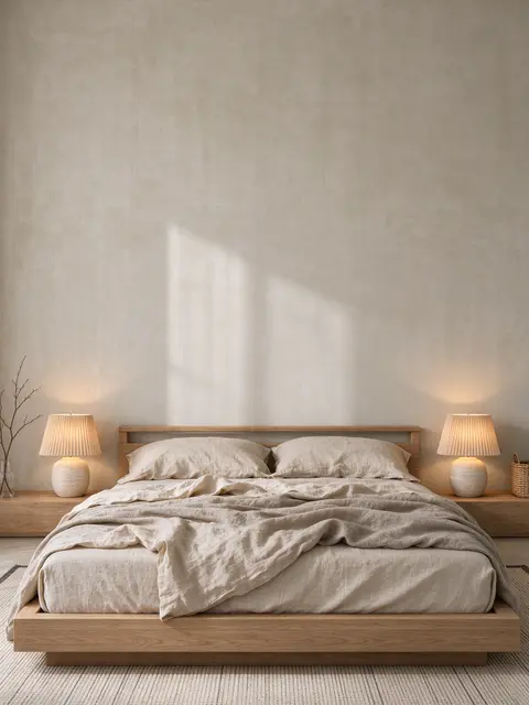 A low platform bed with rumpled flax bedding sits between matching pleated bedside lamps against a limewashed wall.