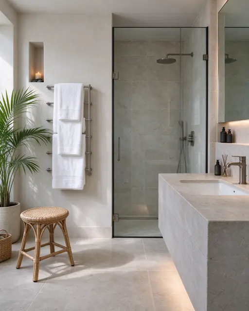 Bright serene spa bathroom with limestone vanity, heated towel rail, wicker stool and potted palm next to a glass shower