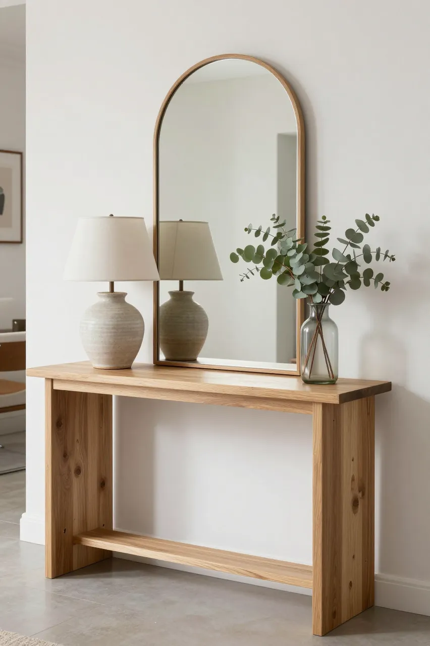 Slim oak entry console with arched mirror, ceramic lamp and eucalyptus vase against a white wall