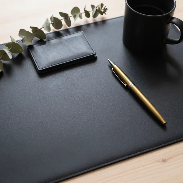 Flat lay of a black leather desk mat holding a brass pen, card holder, black mug and dried eucalyptus on a light wood desk