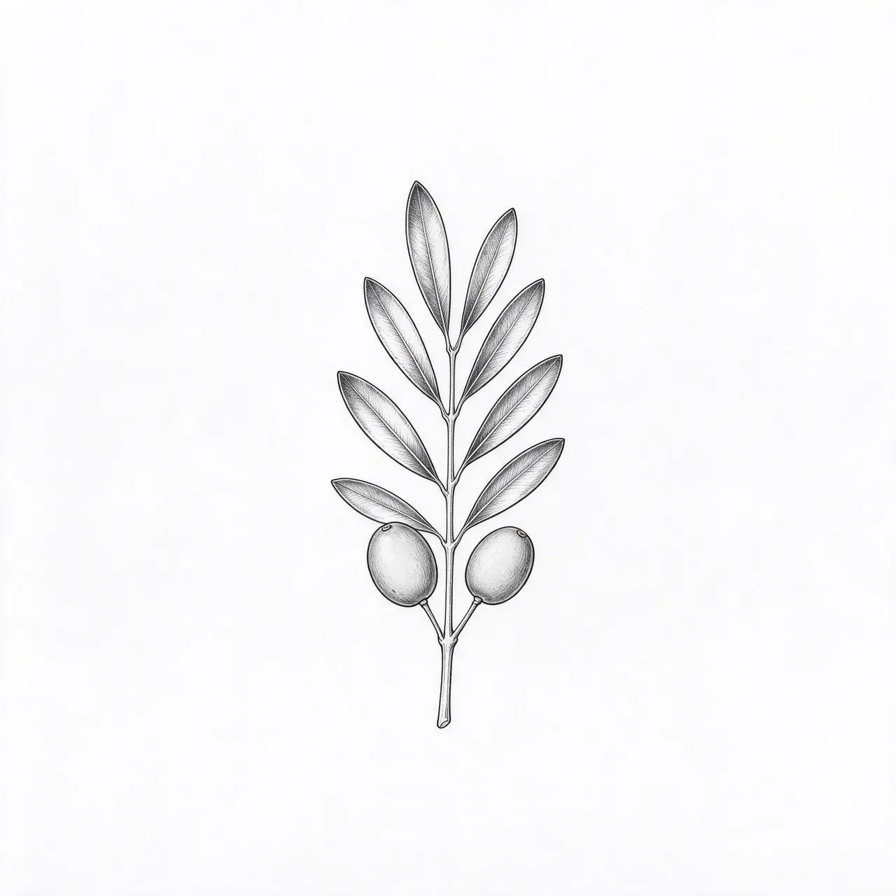 Delicate black ink line art of a short olive branch with seven leaves and two olives on plain white paper