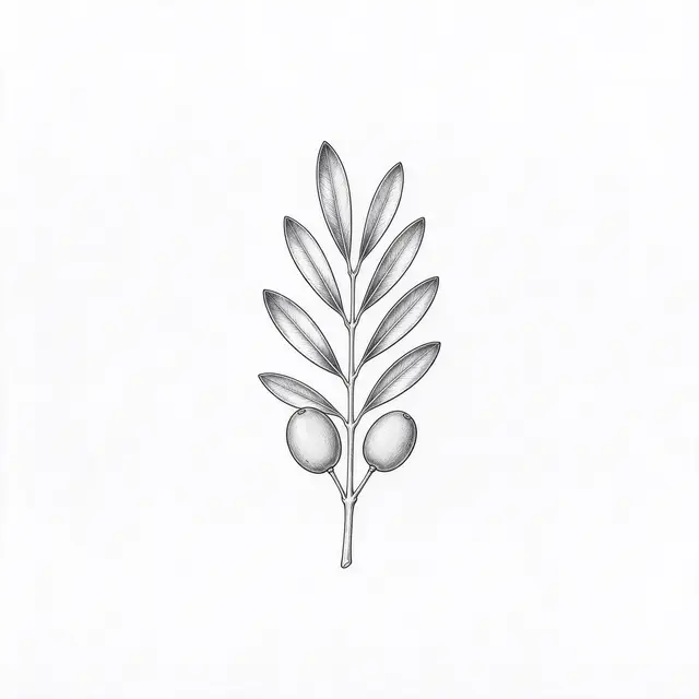 Delicate black ink line art of a short olive branch with seven leaves and two olives on plain white paper