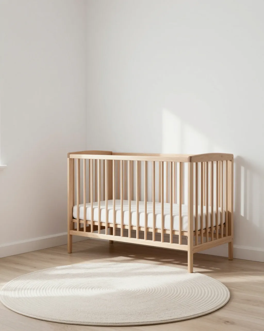 A pale wood crib sits on a round cream rug in a bright empty nursery with white walls
