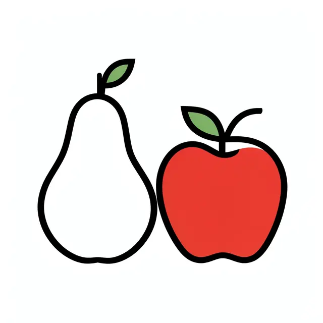 Simple line art illustration of an outlined pear and solid red apple with green leaves on a plain white background