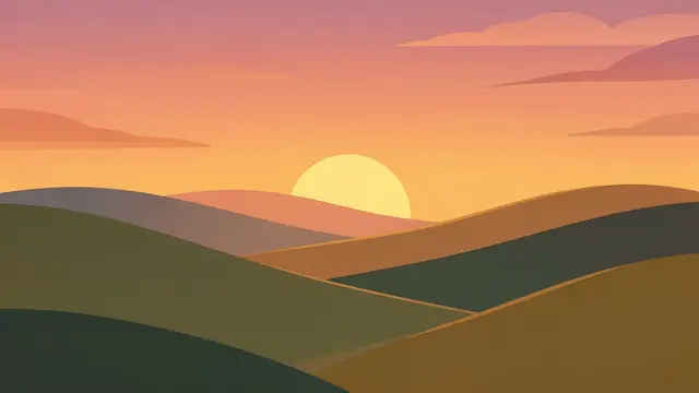 Flat minimalist illustration of layered rolling hills under a gradient sunset sky with a low sun.