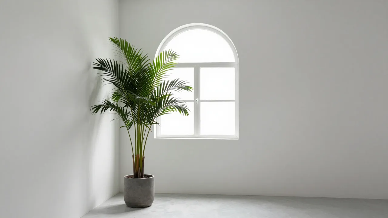 An empty white minimalist room features an arched window and a tall potted palm in the corner