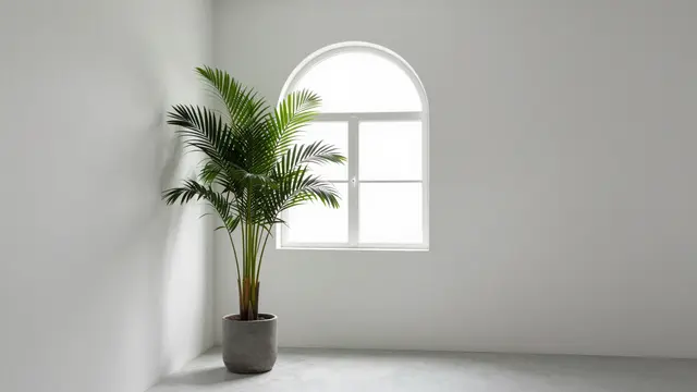 An empty white minimalist room features an arched window and a tall potted palm in the corner