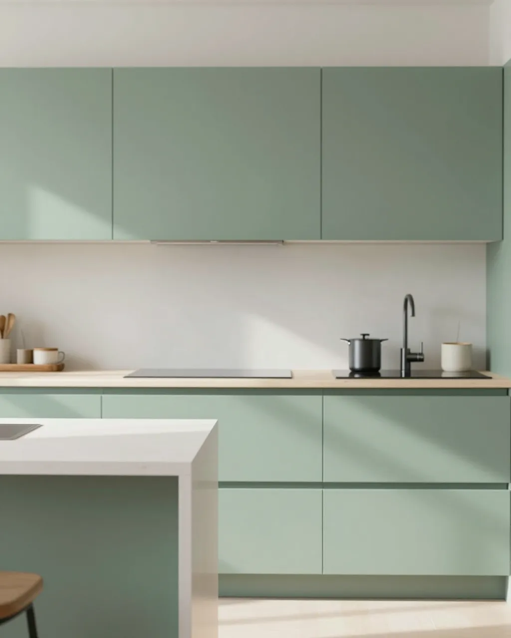 Bright morning light falls across a minimalist kitchen with matte sage cabinets and light wood countertops.