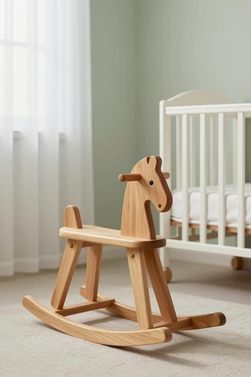 Wooden rocking horse sits in the foreground of a calm nursery with a white crib and sheer curtains.