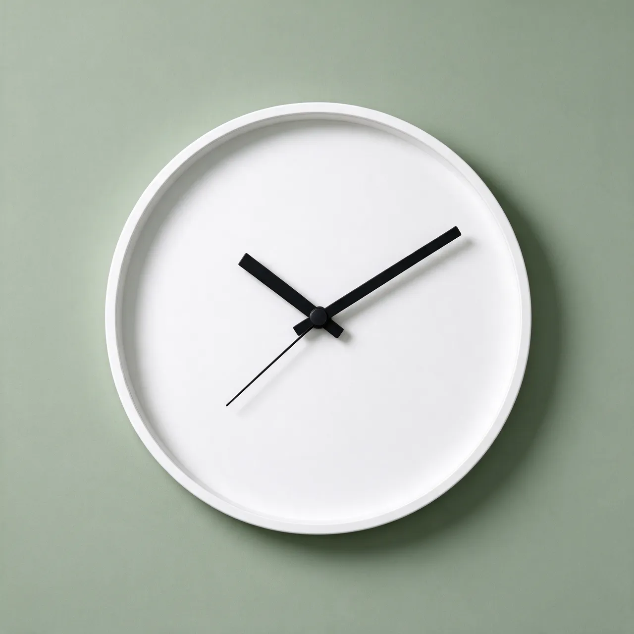 A plain unnumbered white wall clock with black hands mounted on a smooth sage green wall