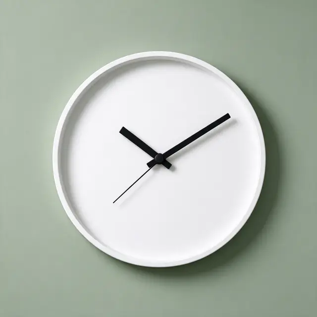 A plain unnumbered white wall clock with black hands mounted on a smooth sage green wall