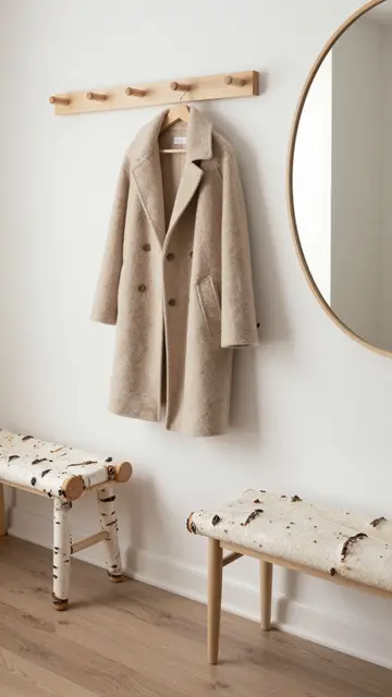 Neat Scandinavian entryway with peg rail, wool coat, birch benches and oval wall mirror