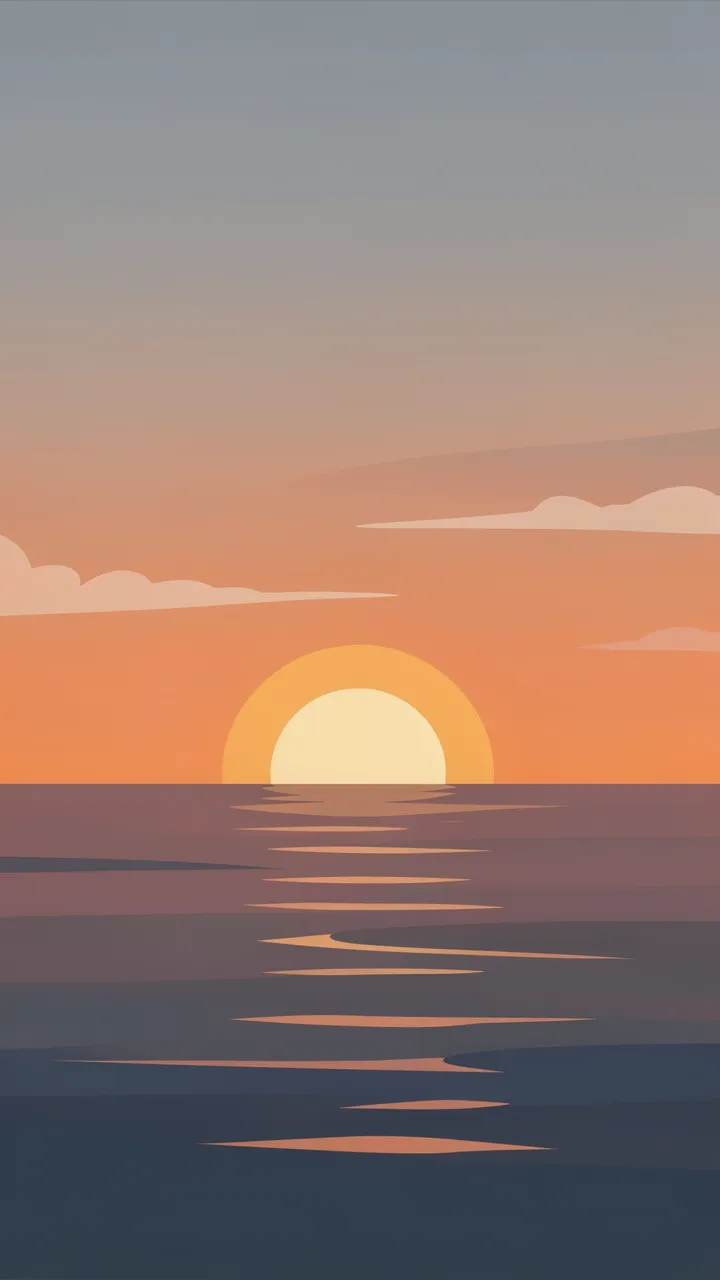 Flat minimalist illustration of a muted sunset over calm ocean water with a soft sky gradient