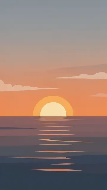 Flat minimalist illustration of a muted sunset over calm ocean water with a soft sky gradient