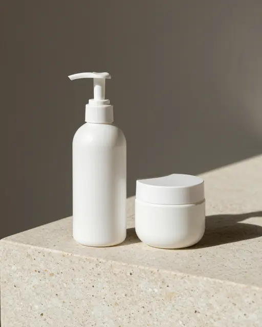 Blank white pump bottle and cream jar sit on a light beige travertine plinth with soft side lighting.