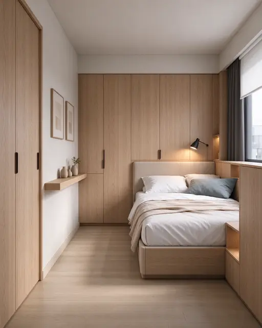 Cozy small bedroom with built-in pale oak wardrobes around a bed, wall mounted reading light and light wood flooring