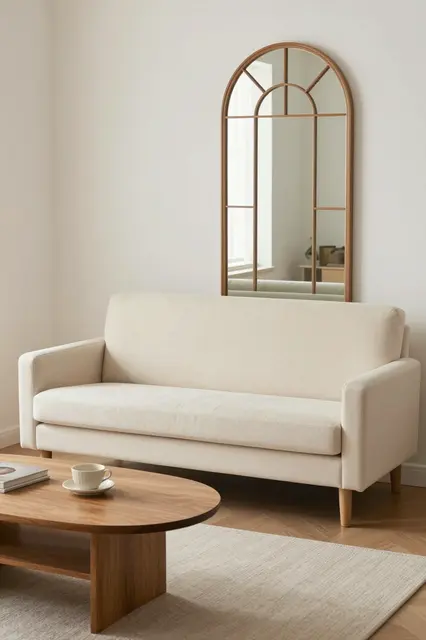 Neutral small living room with cream loveseat, oak coffee table and arched wall mirror