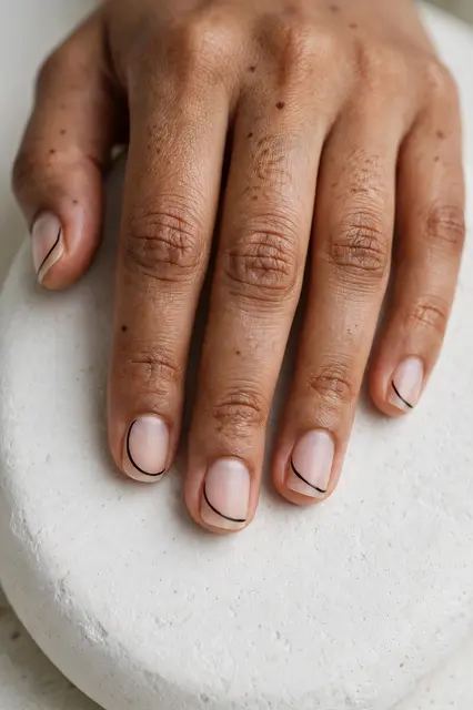 A South Asian woman's hand with squoval minimalist line nail art rests on matte white stoneware.
