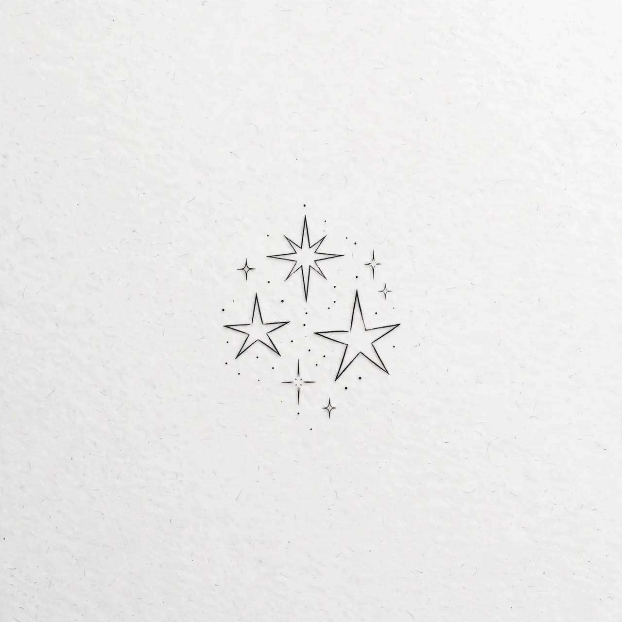Delicate black ink line art of a tiny star cluster on textured plain white paper