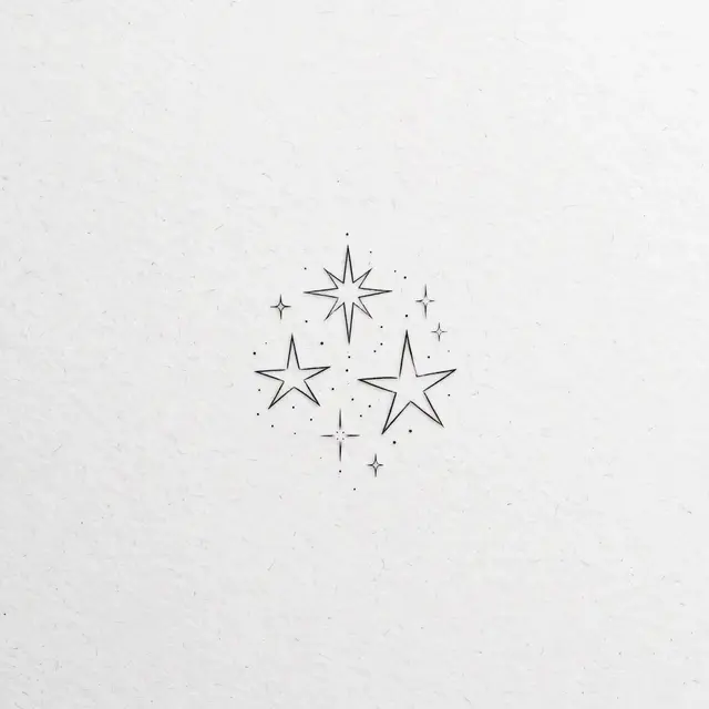 Delicate black ink line art of a tiny star cluster on textured plain white paper
