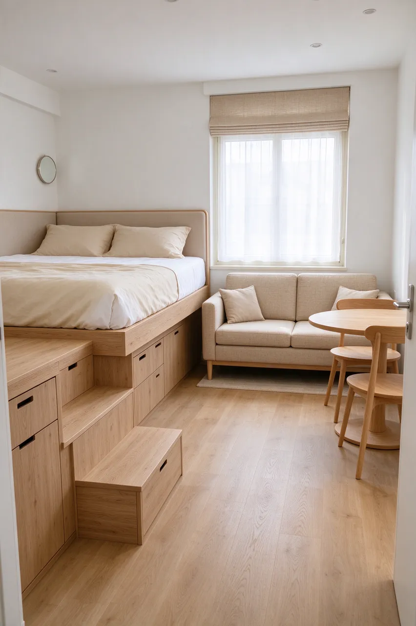 Bright compact studio apartment with raised storage bed, sofa, and small dining set beside a window