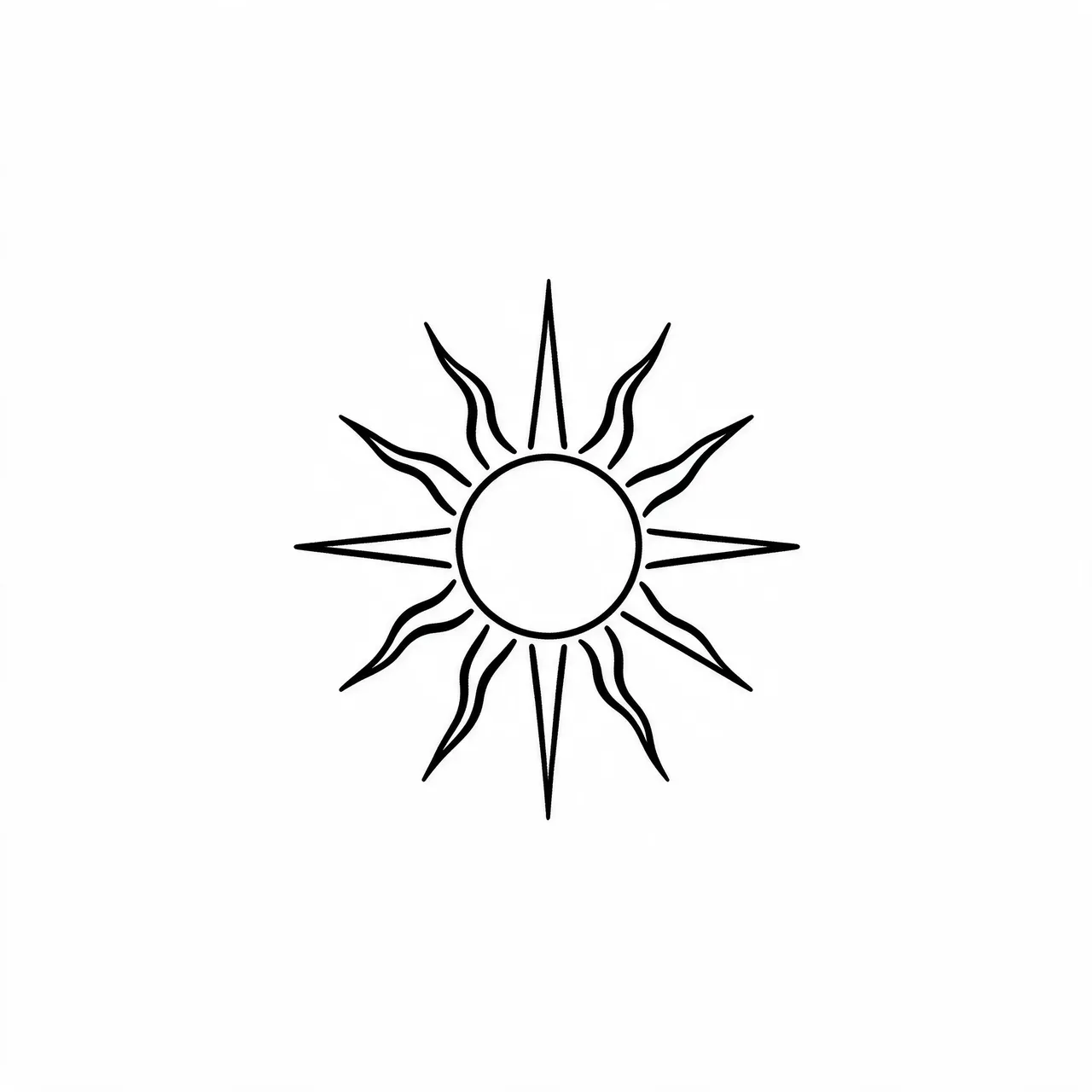 Clean black line drawing of a sun with alternating straight and wavy rays on plain white paper