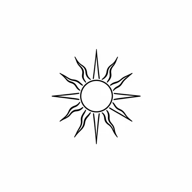 Clean black line drawing of a sun with alternating straight and wavy rays on plain white paper