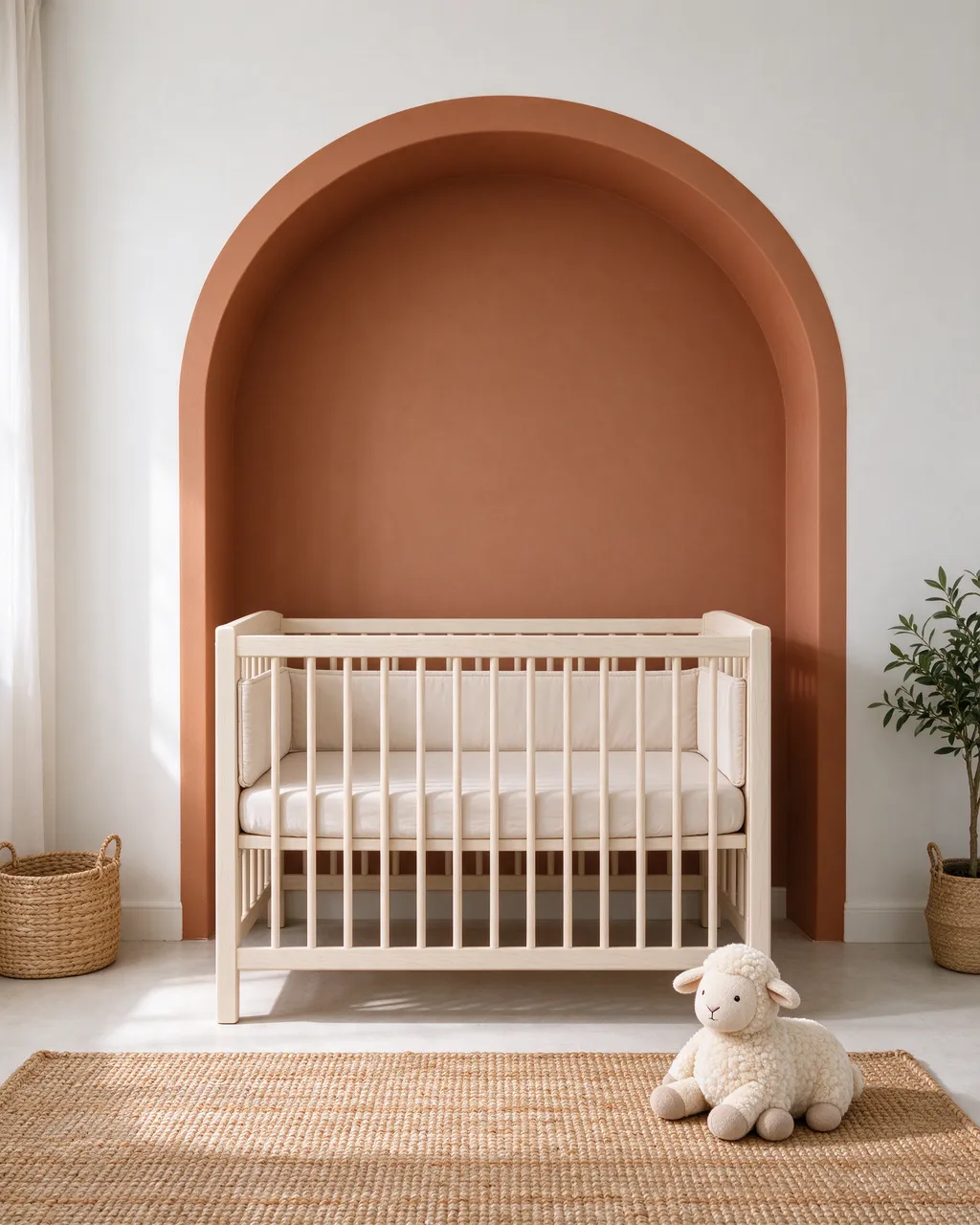 Cream crib sits beneath a terracotta arch with a jute rug and plush lamb in a bright nursery