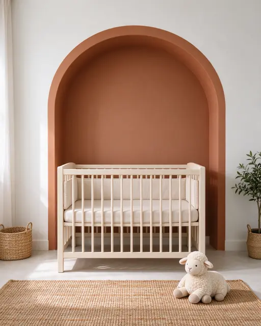 Cream crib sits beneath a terracotta arch with a jute rug and plush lamb in a bright nursery