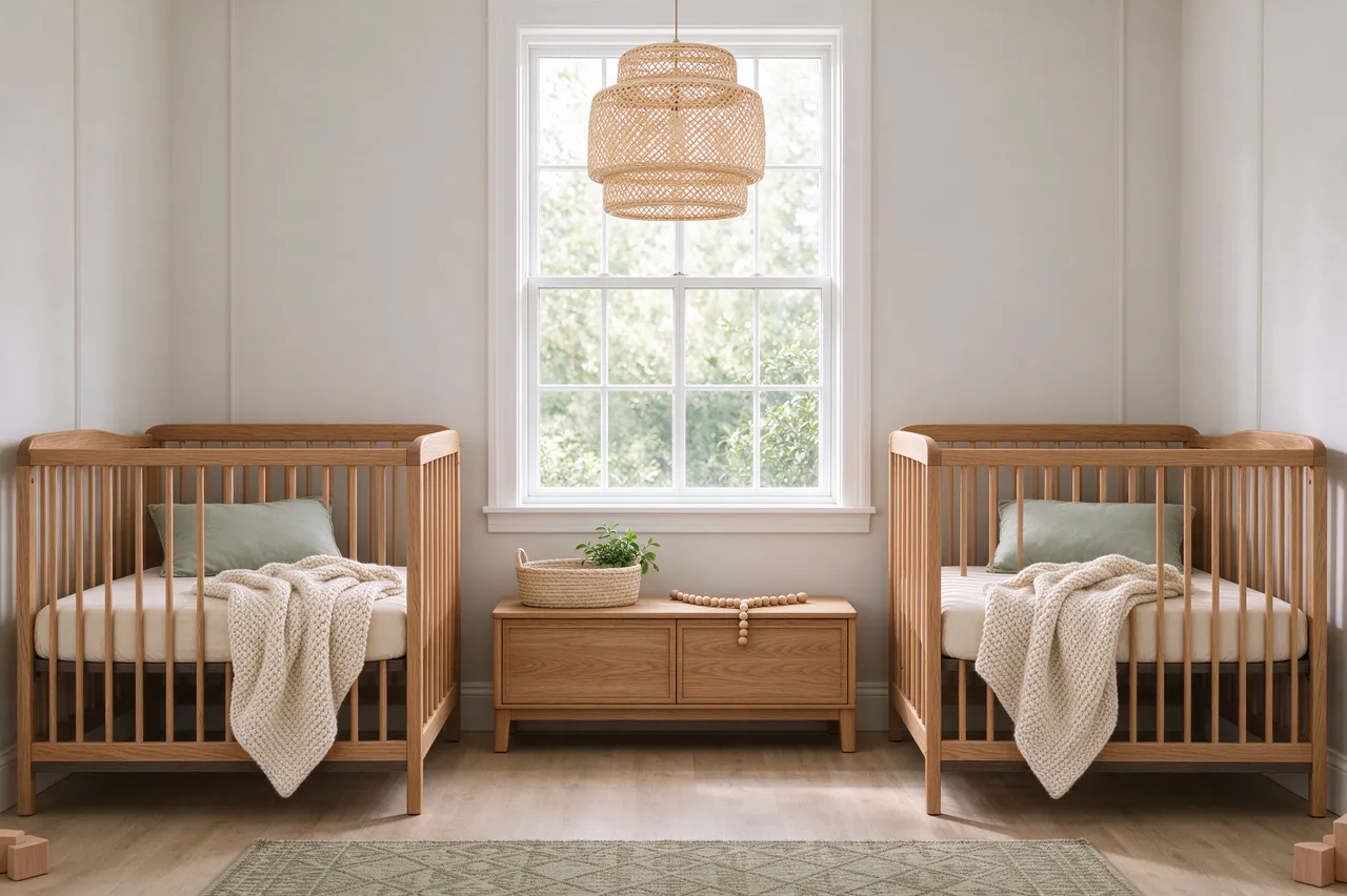 Symmetric twin nursery room with two oak cribs flanking a central window and woven pendant light
