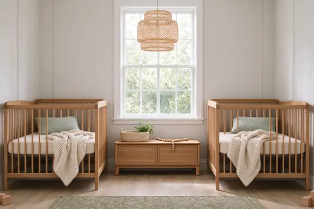 Symmetric twin nursery room with two oak cribs flanking a central window and woven pendant light