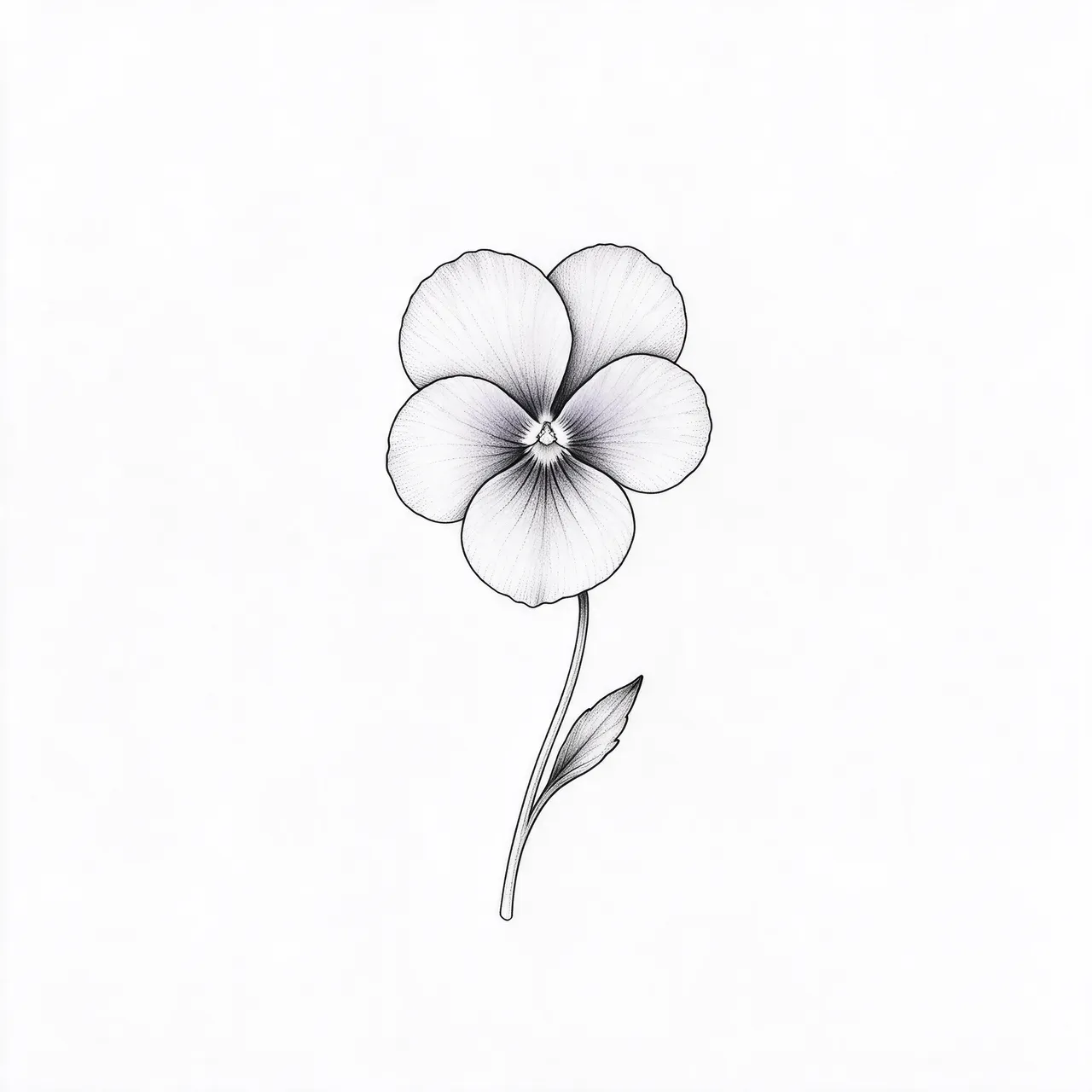 Delicate black ink line art of a single five-petal violet flower on a curved stem set against plain white paper