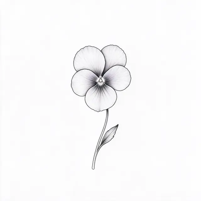 Delicate black ink line art of a single five-petal violet flower on a curved stem set against plain white paper