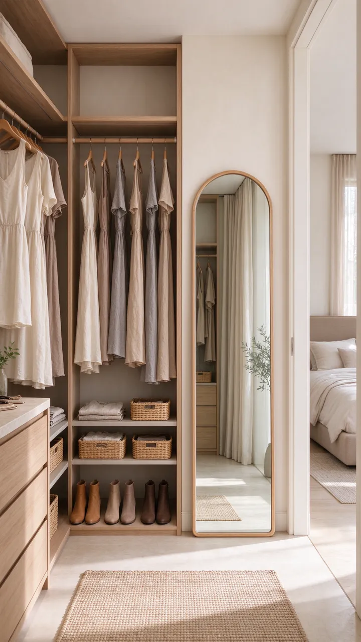 Bright neutral walk-in closet with linen dresses, ankle boots, woven baskets and an arched floor mirror